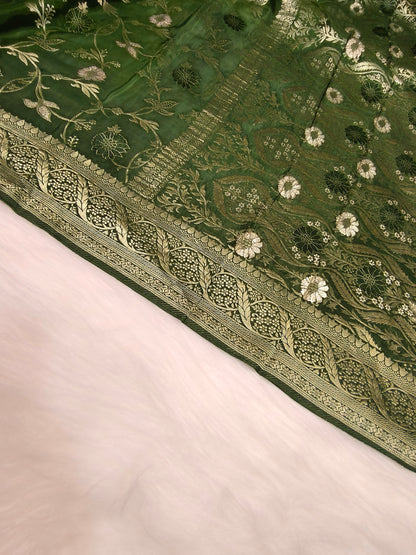 Crepe Banarasi Silk Saree Bottle Green Shade Floral Jaal Design CBS006