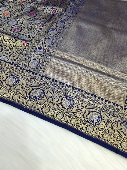 Banarasi Tanchhui Saree Navy Blue Shade With Multi Color Mina BTS009