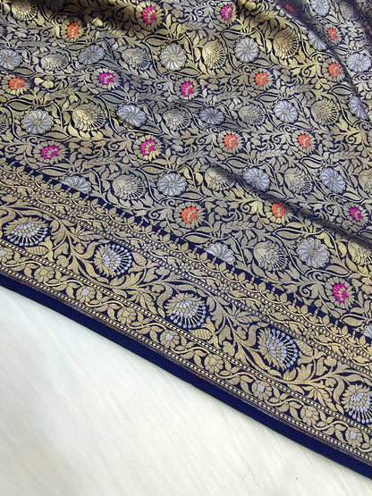 Banarasi Tanchhui Saree Navy Blue Shade With Multi Color Mina BTS009