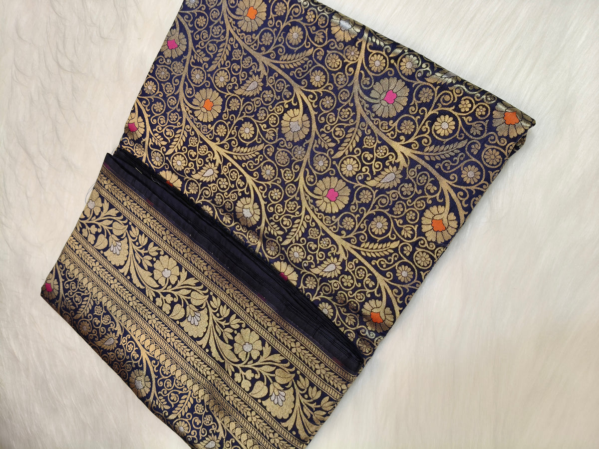 Banarasi Silk Brocade Saree Navy Blue Shade With Multi Color Mina BTS024