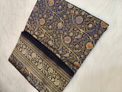 Banarasi Silk Brocade Saree Navy Blue Shade With Multi Color Mina BTS024