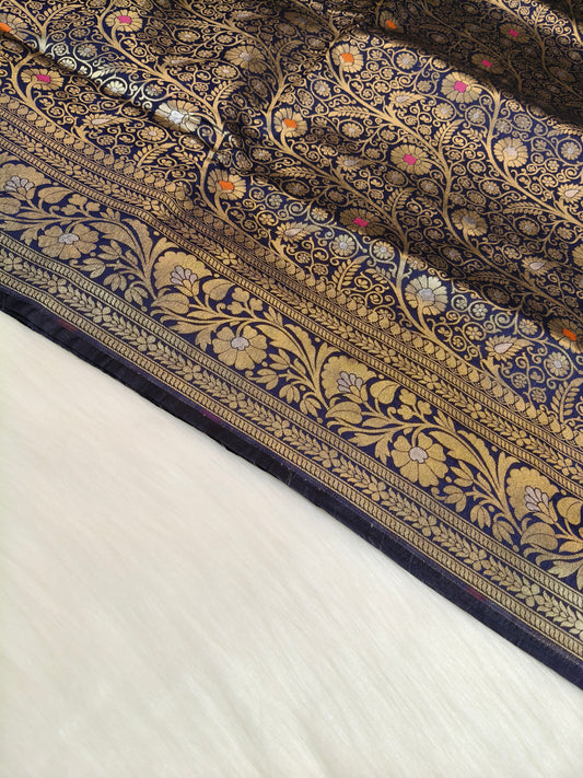 Banarasi Silk Brocade Saree Navy Blue Shade With Multi Color Mina BTS024
