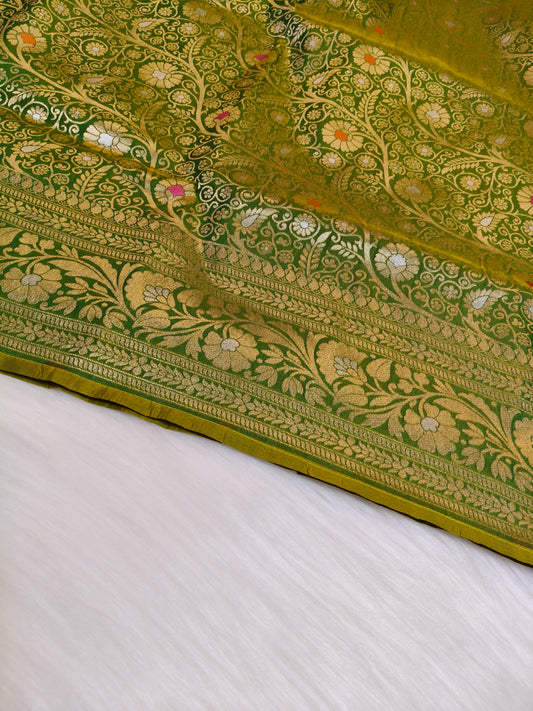 Banarasi Silk Brocade Saree Light Green Shade With Multi Color Mina BTS025