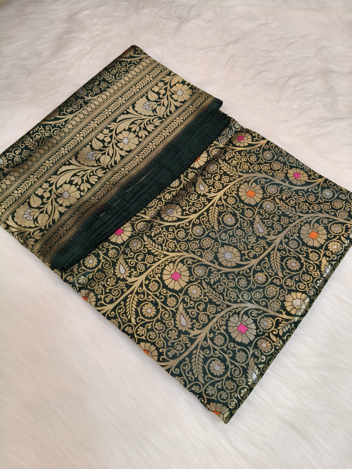 Banarasi Silk Brocade Saree Bottle Green Shade With Multi Color Mina BTS026