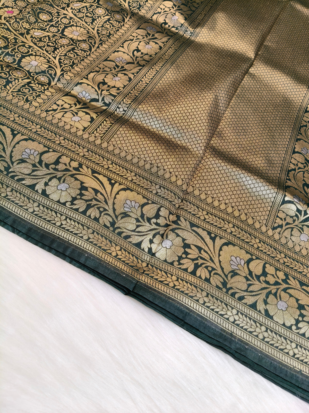 Banarasi Silk Brocade Saree Bottle Green Shade With Multi Color Mina BTS026