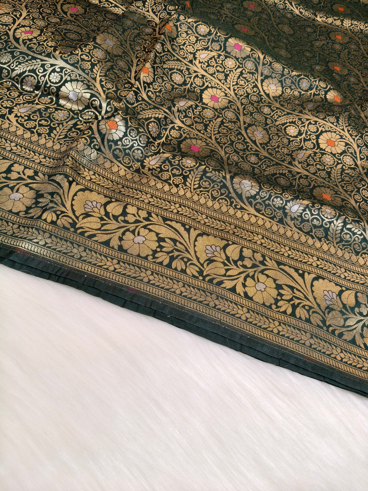 Banarasi Silk Brocade Saree Bottle Green Shade With Multi Color Mina BTS026