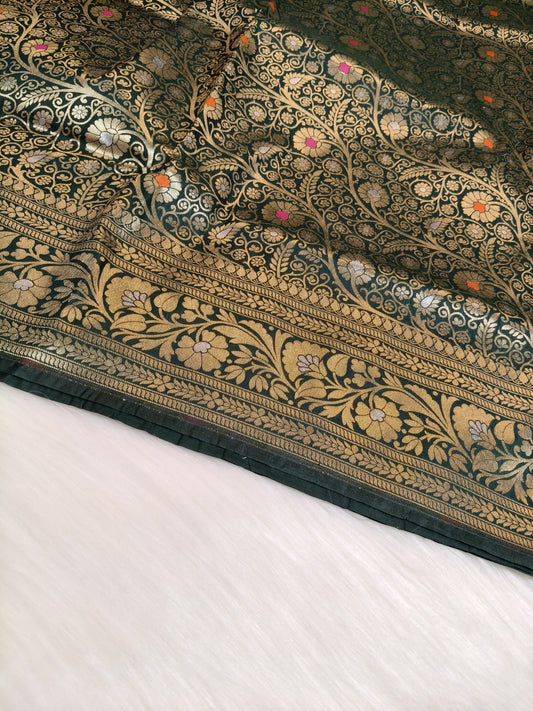 Banarasi Silk Brocade Saree Bottle Green Shade With Multi Color Mina BTS026