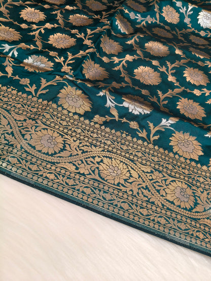 Banarasi Silk Cutwork Jaal Saree Rama Shade With Silver Color Mina BCS010