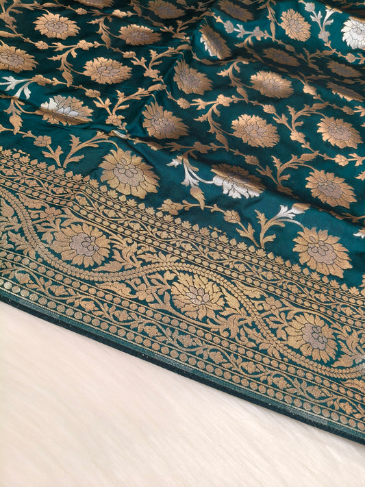 Banarasi Silk Cutwork Jaal Saree Rama Shade With Silver Color Mina BCS010