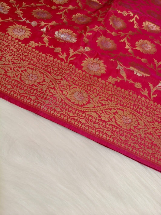Banarasi Silk Cutwork Jaal Saree Red Rani Shade With Silver Color Mina BCS011
