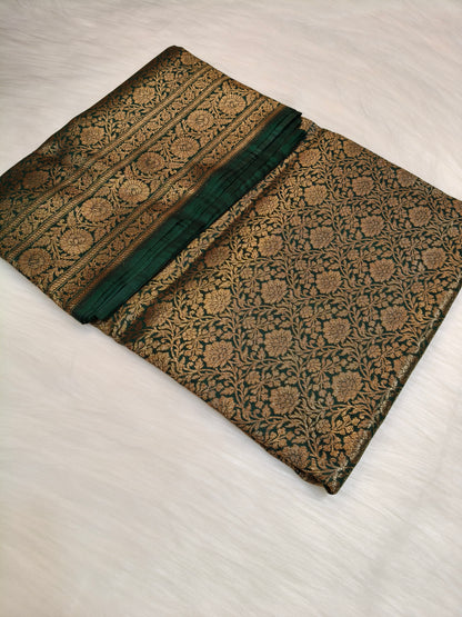 Banarasi Silk Brocade Antique Zari Saree Bottle Green Shade AZ009