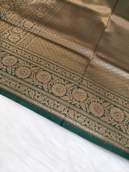 Banarasi Silk Brocade Antique Zari Saree Bottle Green Shade AZ009