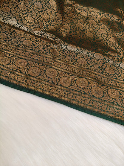 Banarasi Silk Brocade Antique Zari Saree Bottle Green Shade AZ009