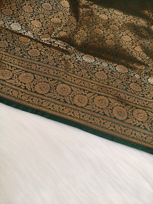 Banarasi Silk Brocade Antique Zari Saree Bottle Green Shade AZ009