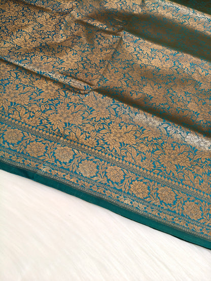 Banarasi Silk Brocade Antique Zari Saree Peacock Shade AZ005
