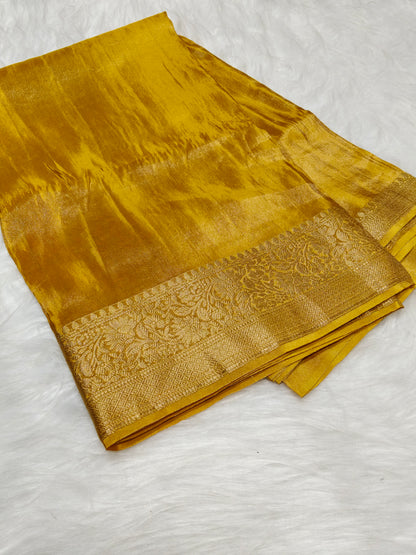 Pure Viscose Soft Tishu Silk Saree Mustard Yellow Color VTS016