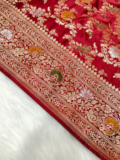 Mashru Satin Silk Saree Deep Red Color Multi Mina MSS001