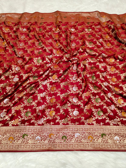 Mashru Satin Silk Saree Deep Red Color Multi Mina MSS001