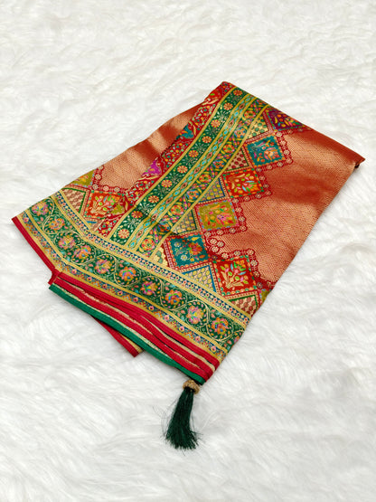 Position Print Soft Zari Tissue Saree Red Color Multi Color Design PPS001