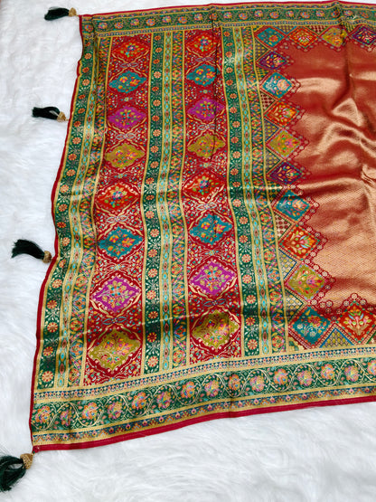 Position Print Soft Zari Tissue Saree Red Color Multi Color Design PPS001