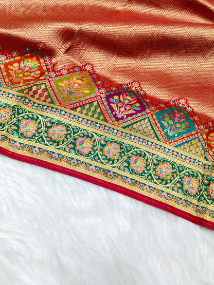 Position Print Soft Zari Tissue Saree Red Color Multi Color Design PPS001