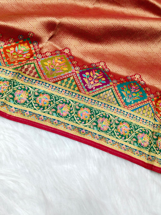 Position Print Soft Zari Tissue Saree Red Color Multi Color Design PPS001