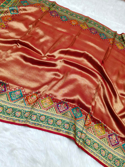 Position Print Soft Zari Tissue Saree Red Color Multi Color Design PPS001