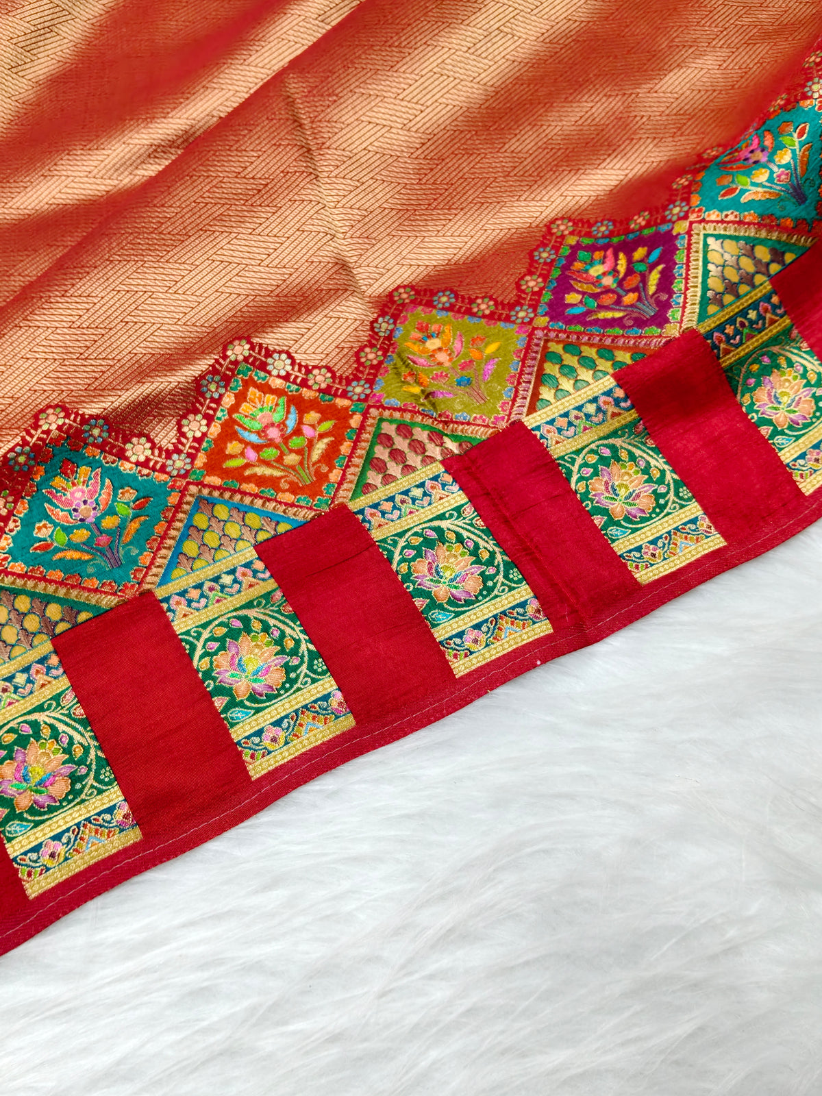 Position Print Soft Zari Tissue Saree Red Color Multi Color Design PPS001