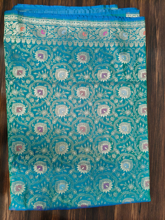banarasi silk brocade saree peacock shade with multi color mina BTS0027