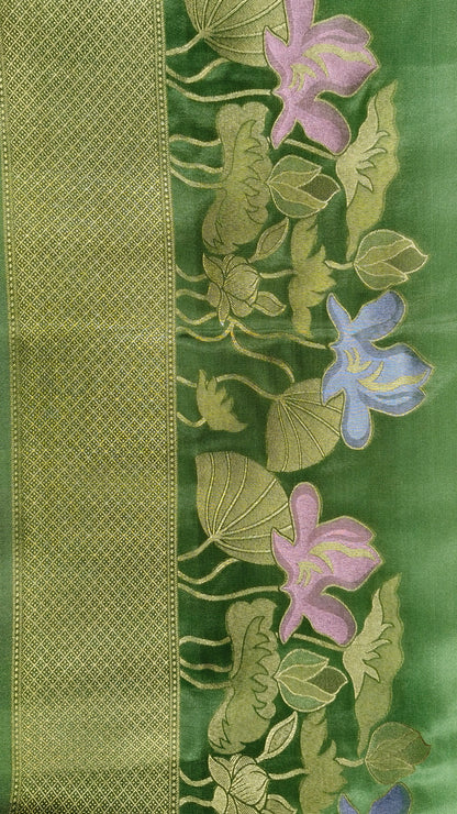 Mashru satin saree pista green color with mina MSS007