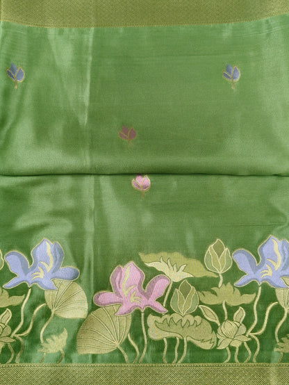 Mashru satin saree pista green color with mina MSS007